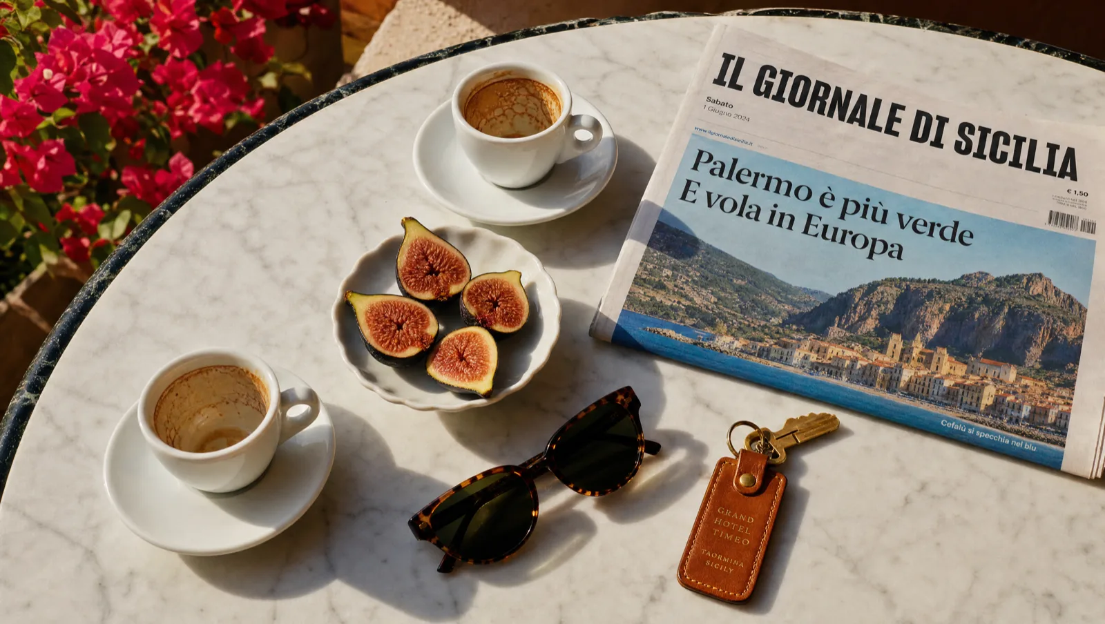 A flatlay of two empty espresso cups, a folded weekend newspaper, and figs on a sunlit white marble cafe table