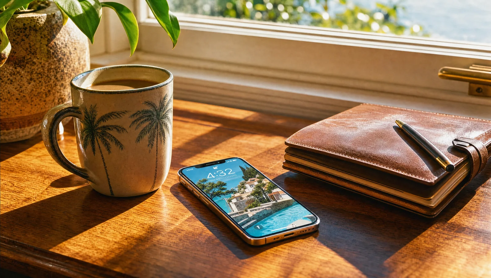 A phone resting on a wooden table by a window with soft side light, coffee cup in the background