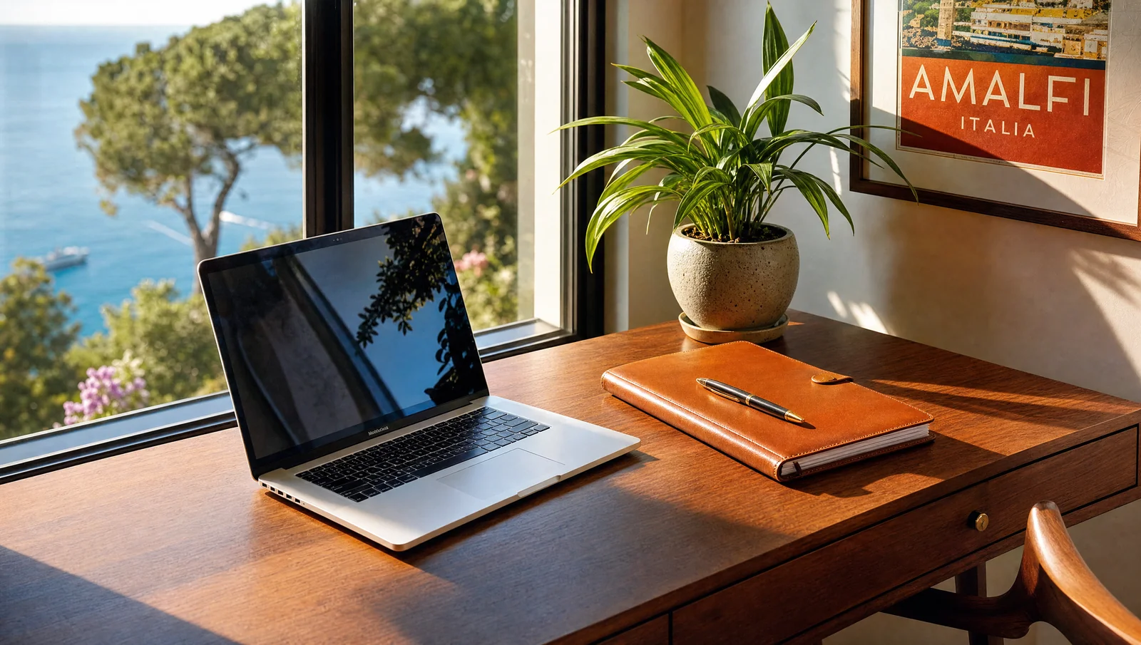 A laptop and a notebook side by side on a wooden desk in afternoon light, plant on the corner