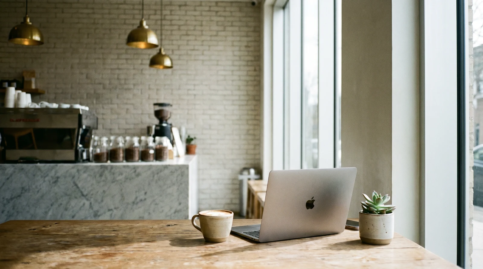 A modern minimalist independent coffee shop interior in late morning, an open laptop and a cappuccino on a wooden table by the window, espresso machine and ceramic jars on a marble counter softly out of focus in the background
