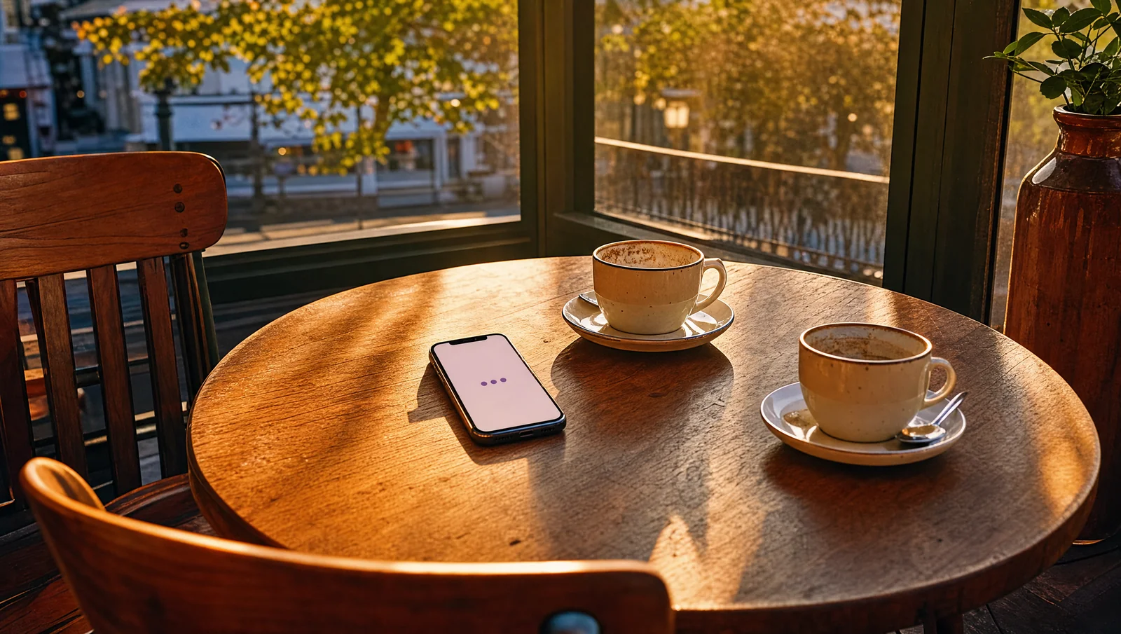 An empty cafe table at golden hour with two cups and a phone screen lit by a typing indicator