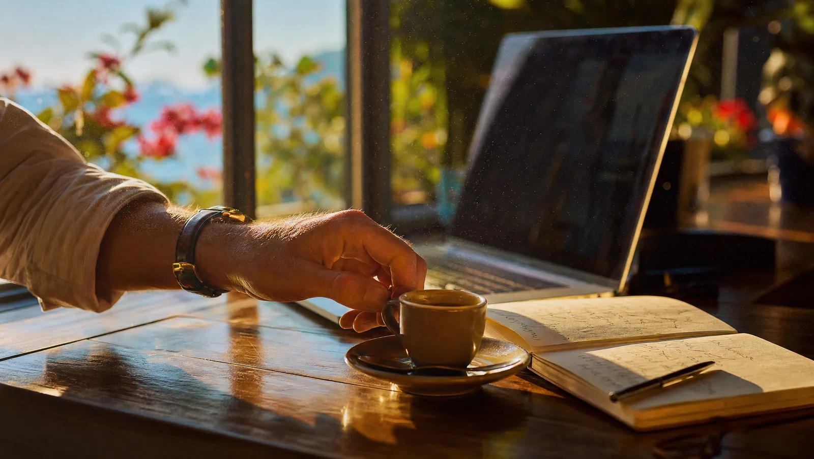 A hand reaching for an espresso cup on a sunlit cafe table at golden hour